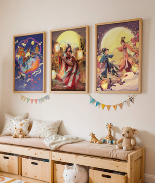 Triptyque de posters à thème oriental et pleine lune