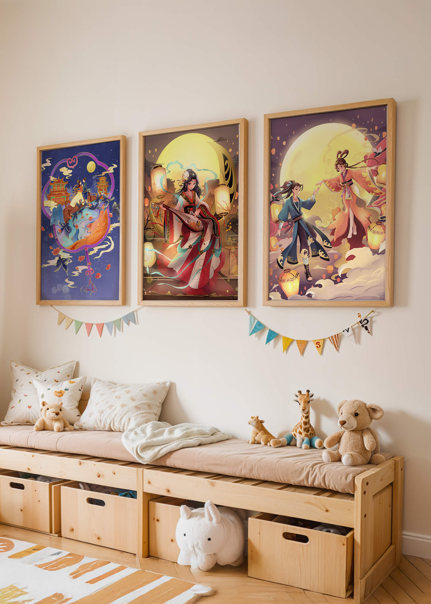 Triptyque de posters à thème oriental et pleine lune