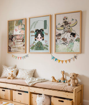 Illustrations de style oriental avec des personnages enfantins