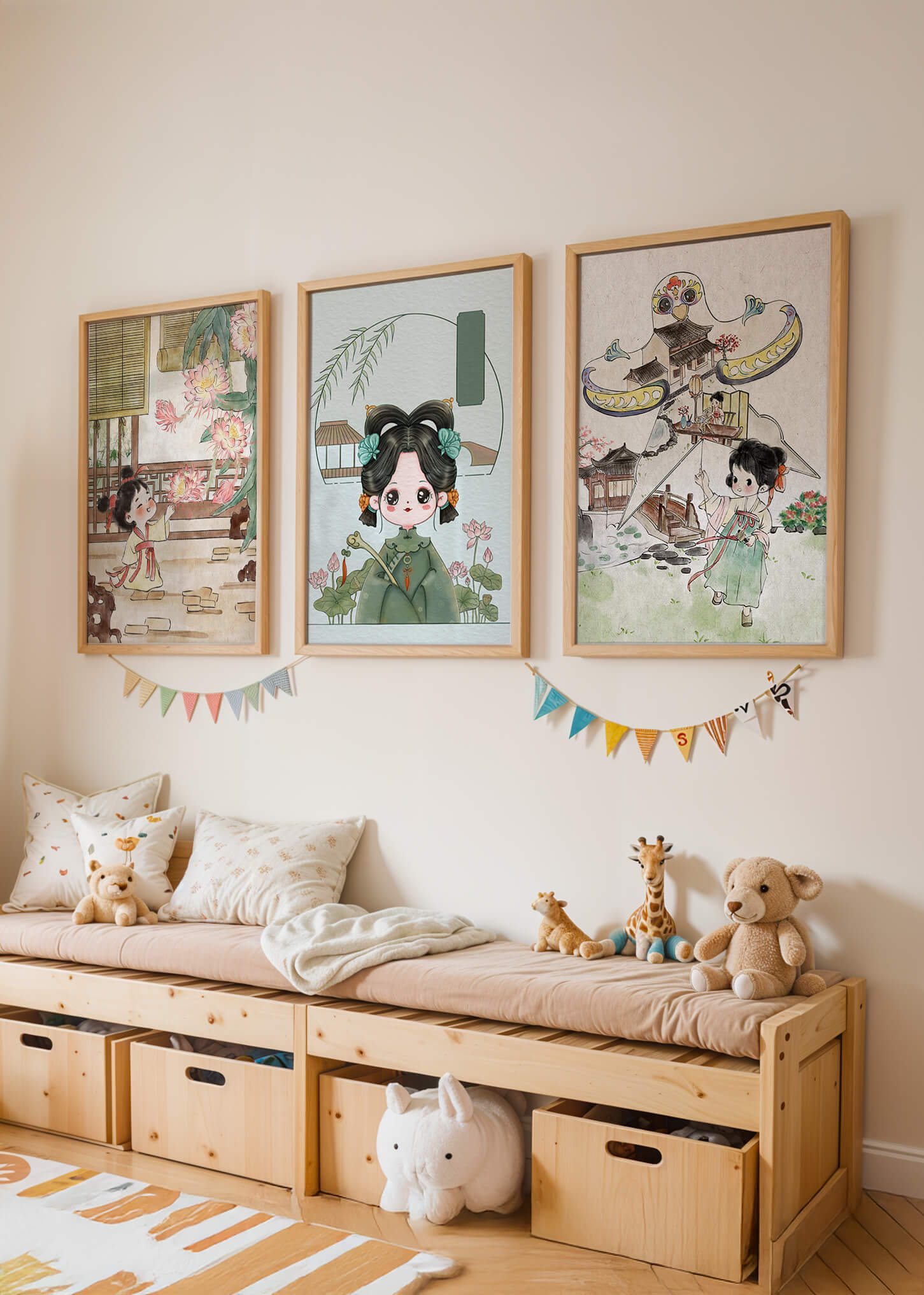 Illustrations de style oriental avec des personnages enfantins