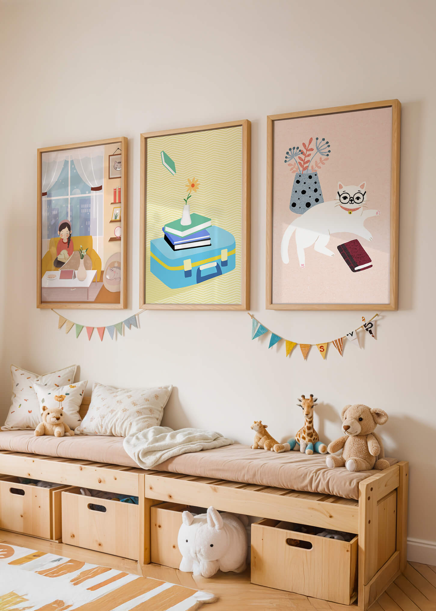 Triptyque moderne avec illustrations d’intérieurs et d’animaux