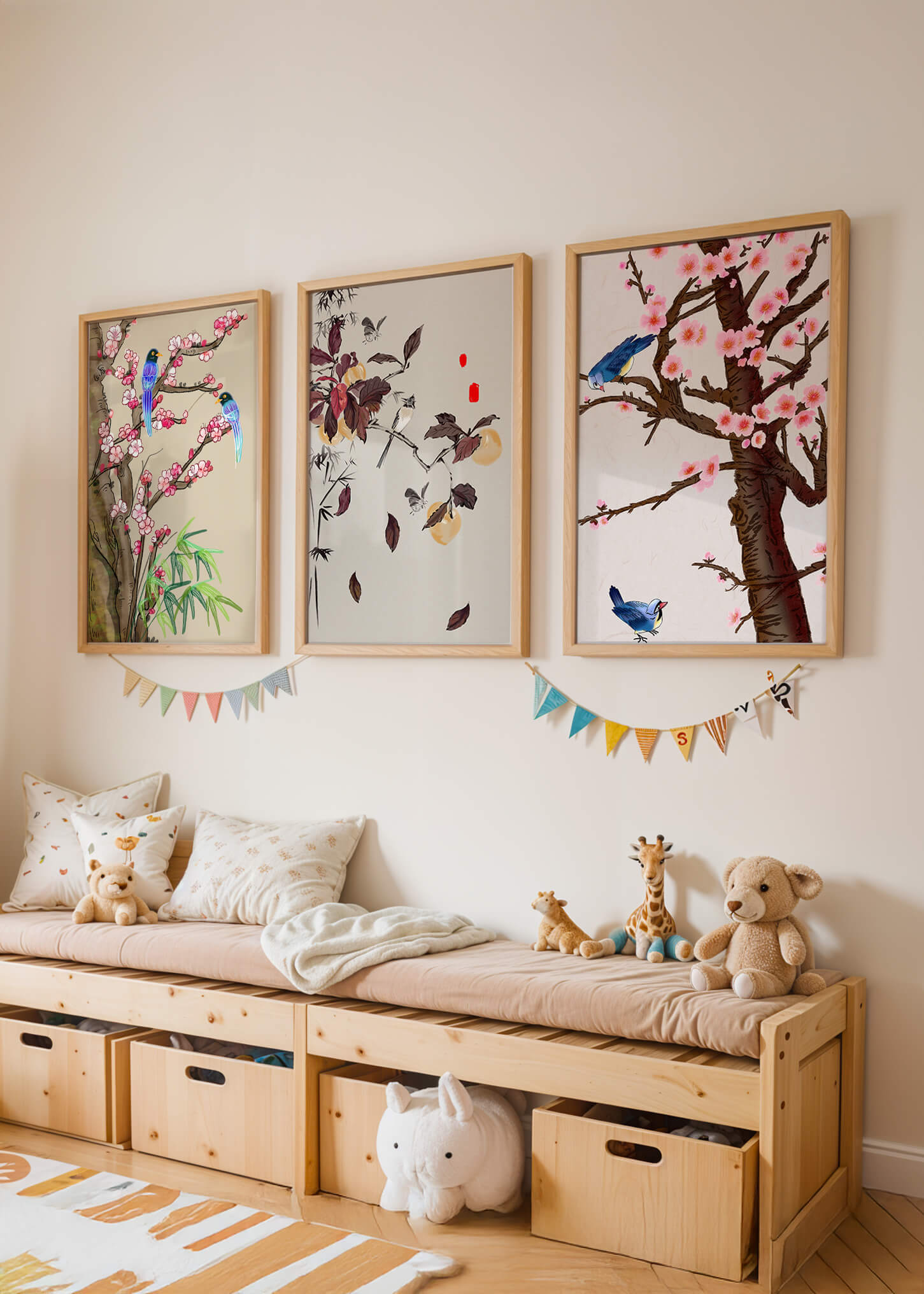 Dreier-Set mit Vogel- und Blumenmotiven im asiatischen Stil