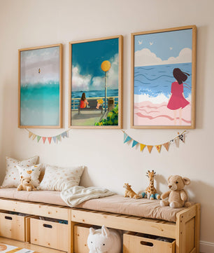 Tableaux minimalistes de plage et de mer avec personnages