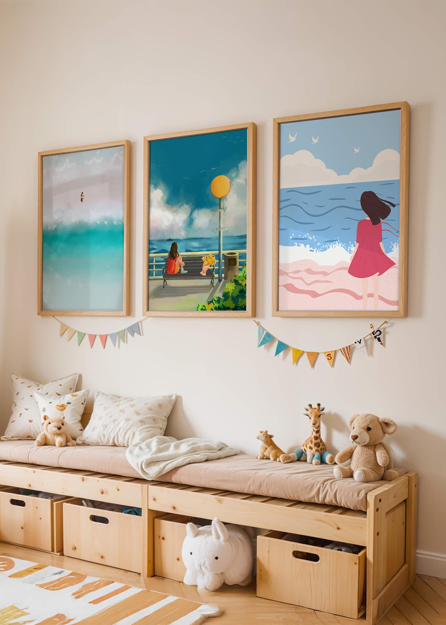 Cuadros Minimalistas de Playa y Mar con Personajes