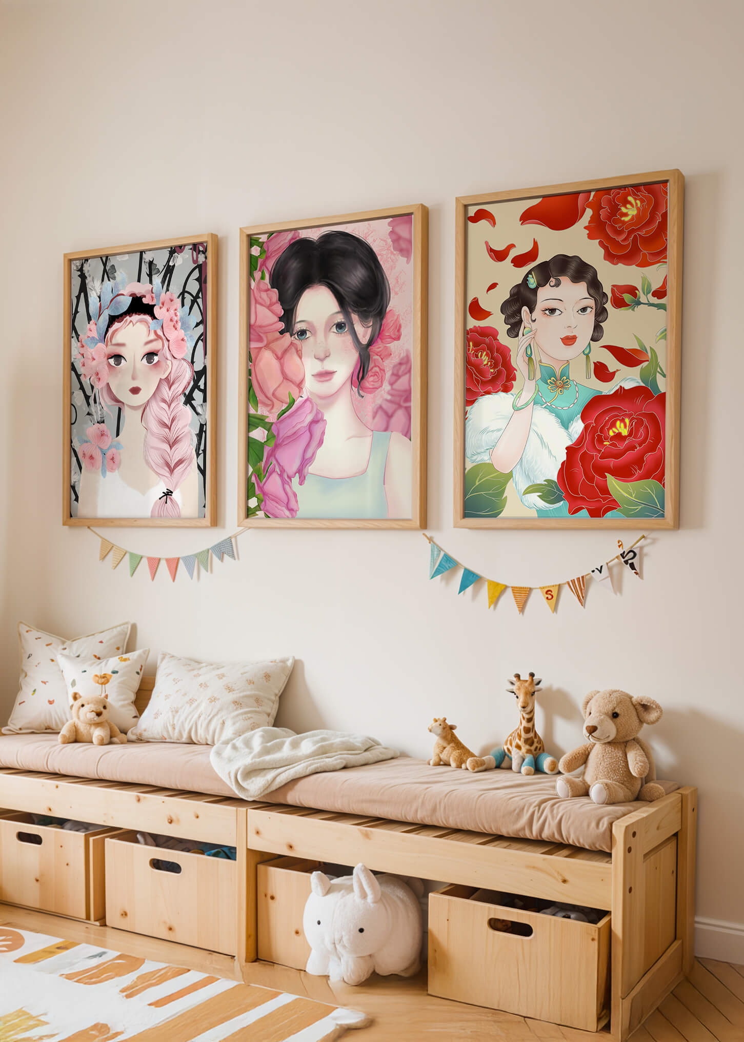 Ensemble de portraits féminins avec des fleurs dans un style artistique moderne