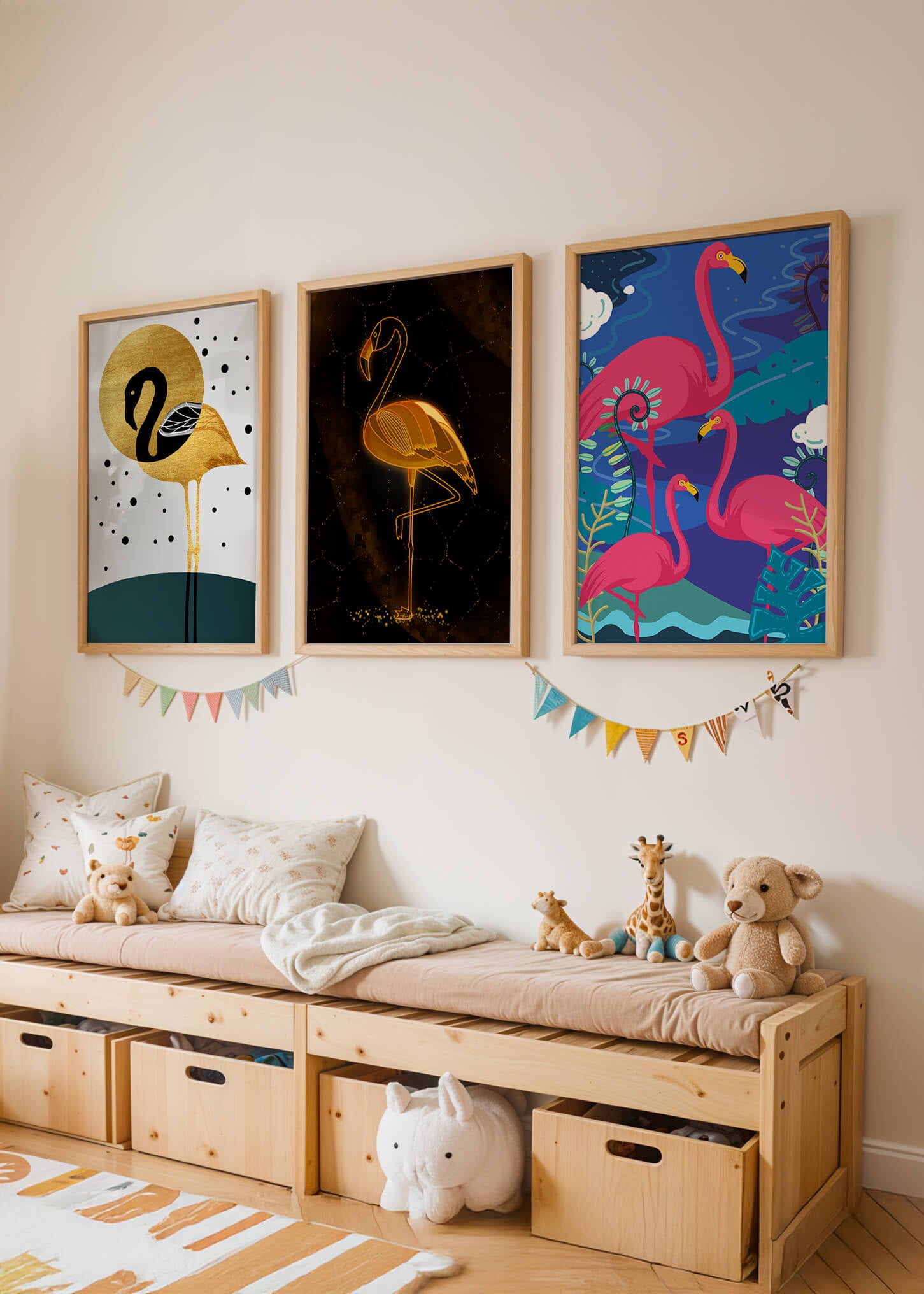 Triptyque de flamants roses avec détails dorés et design moderne