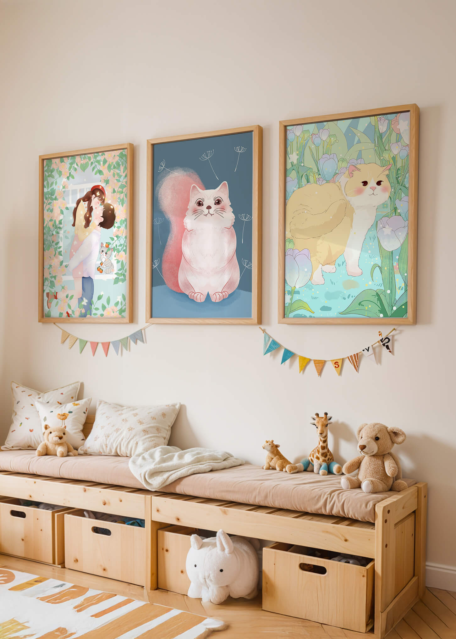Ensemble de trois tableaux avec des chats et un design floral dans des tons pastel