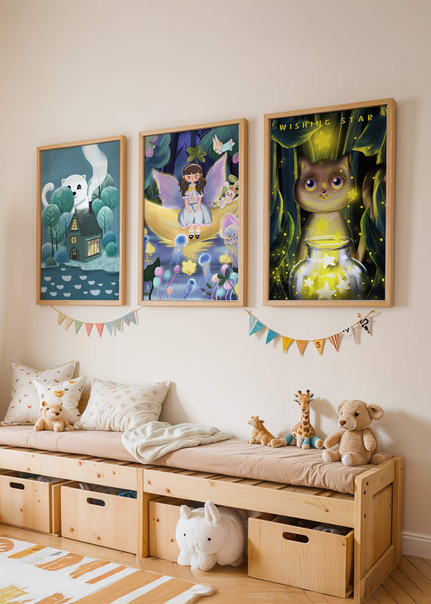 Mur avec trois tableaux artistiques sans cadre dans un environnement lumineux