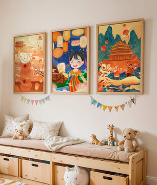Triptyque d'art asiatique sur le thème des lanternes et de la culture traditionnelle