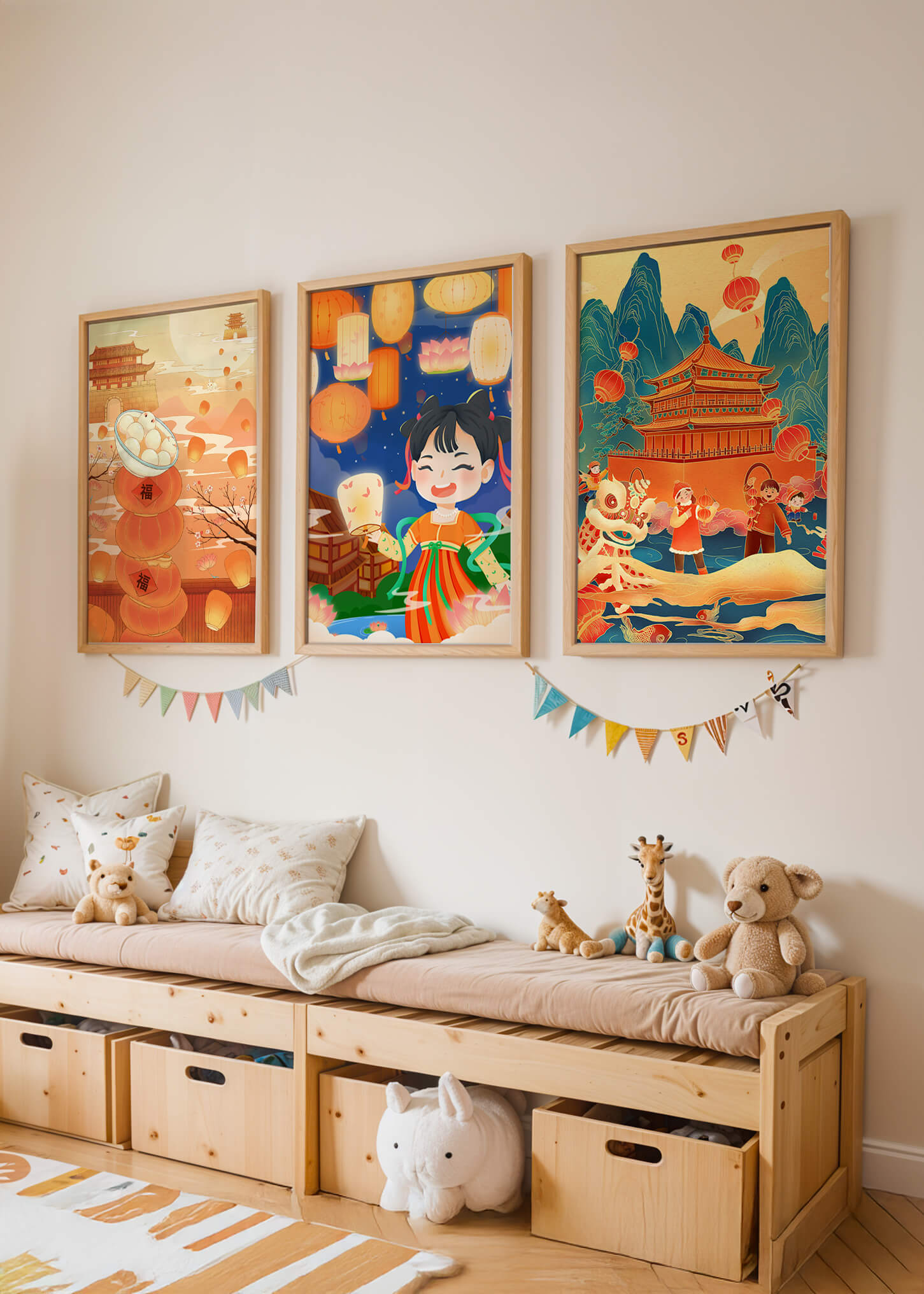 Triptyque d'art asiatique sur le thème des lanternes et de la culture traditionnelle