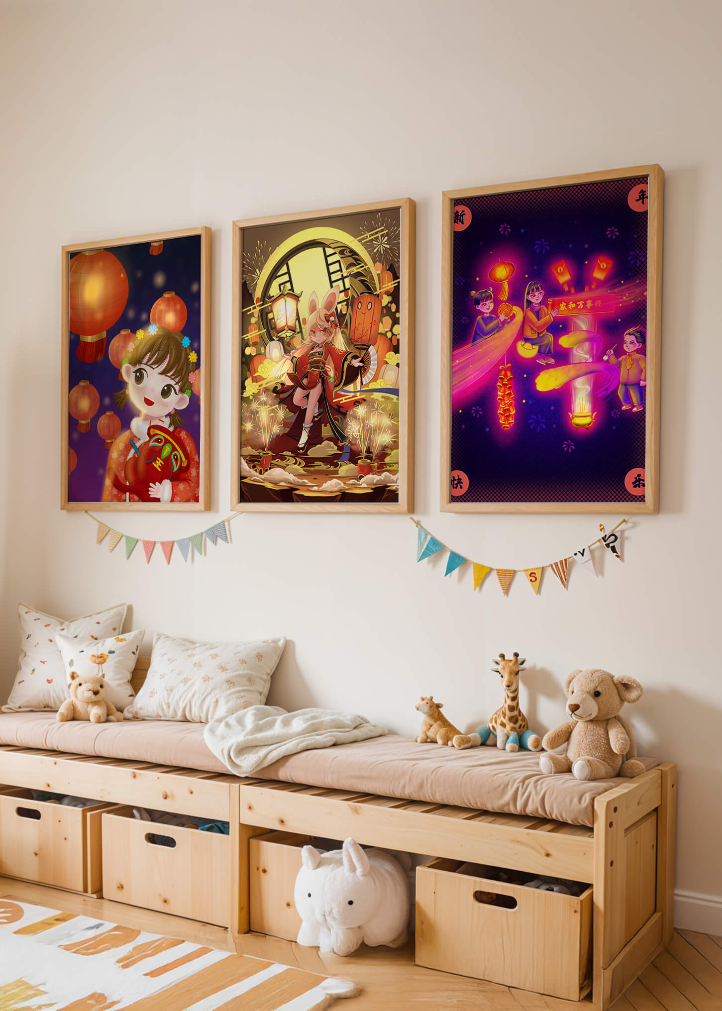 Impressions artistiques d’illustrations asiatiques avec des lanternes sur fond de bois clair