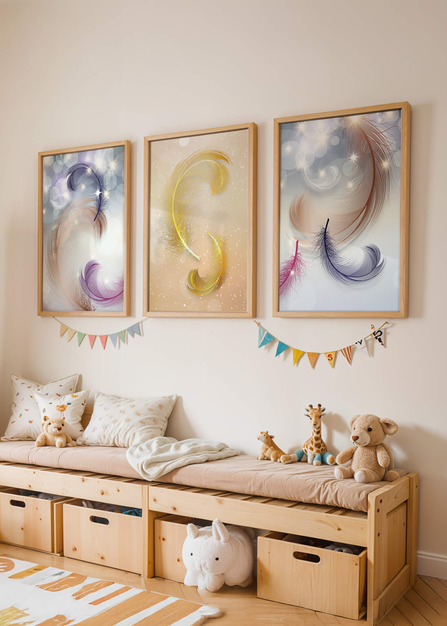 Art abstrait avec des plumes dans des tons pastel