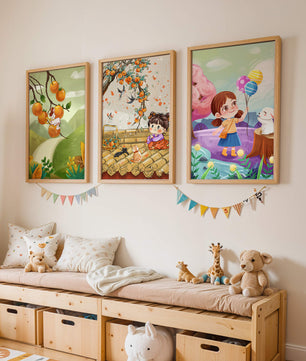 Ensemble de trois illustrations pour enfants avec des fruits et des animaux