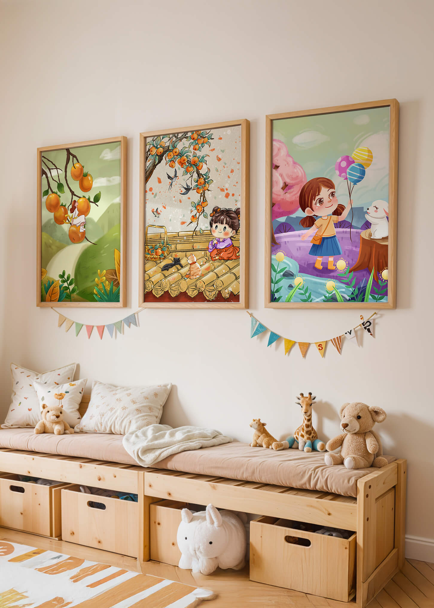Ensemble de trois illustrations pour enfants avec des fruits et des animaux