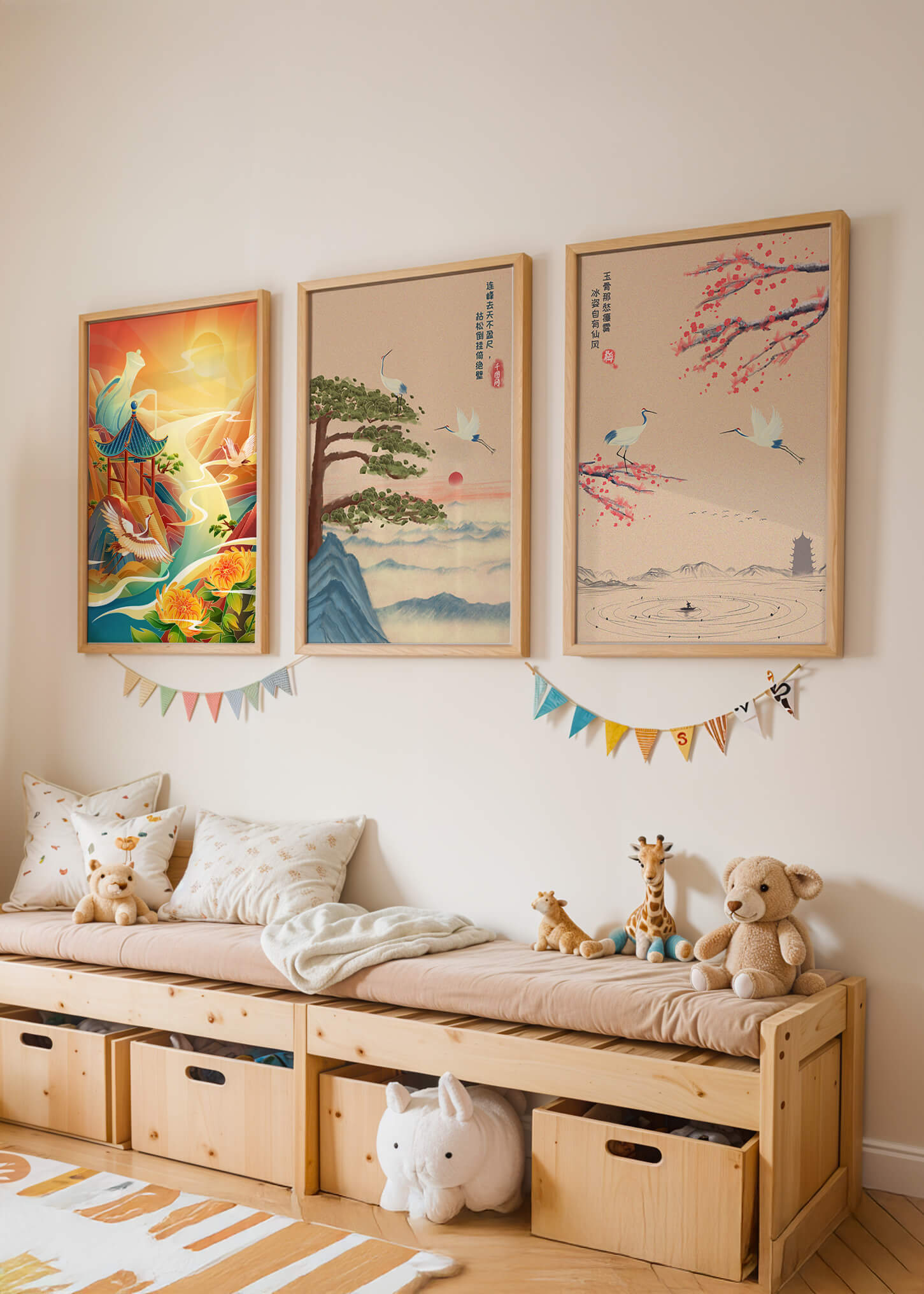 Images de paysages orientaux avec des grues et des dragons