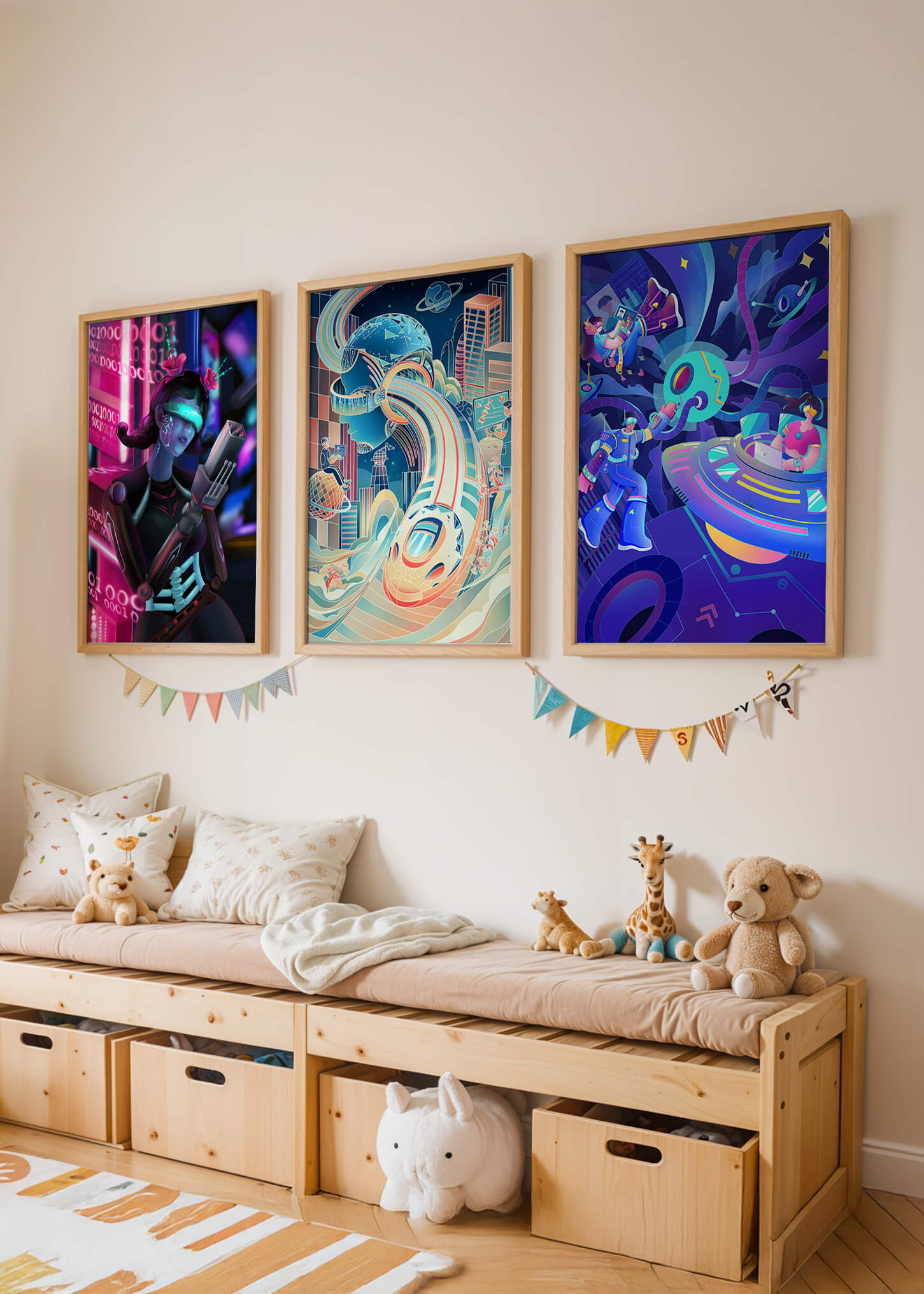 Set aus drei futuristischen Kunstdrucken in modernem Umfeld