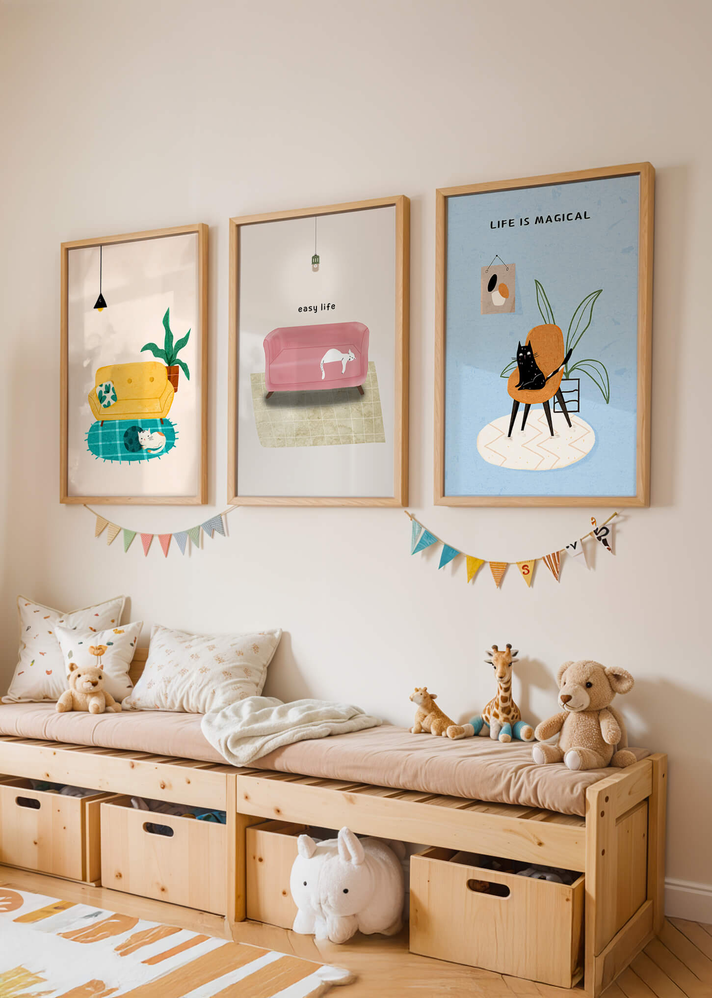 Imágenes minimalistas de gatos y muebles en marcos de madera