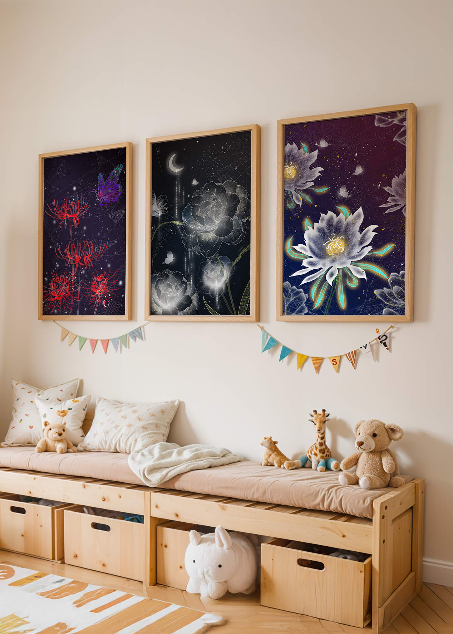 Pared Decorada con Conjunto de Tres Lienzos de Flores y Elementos Naturales