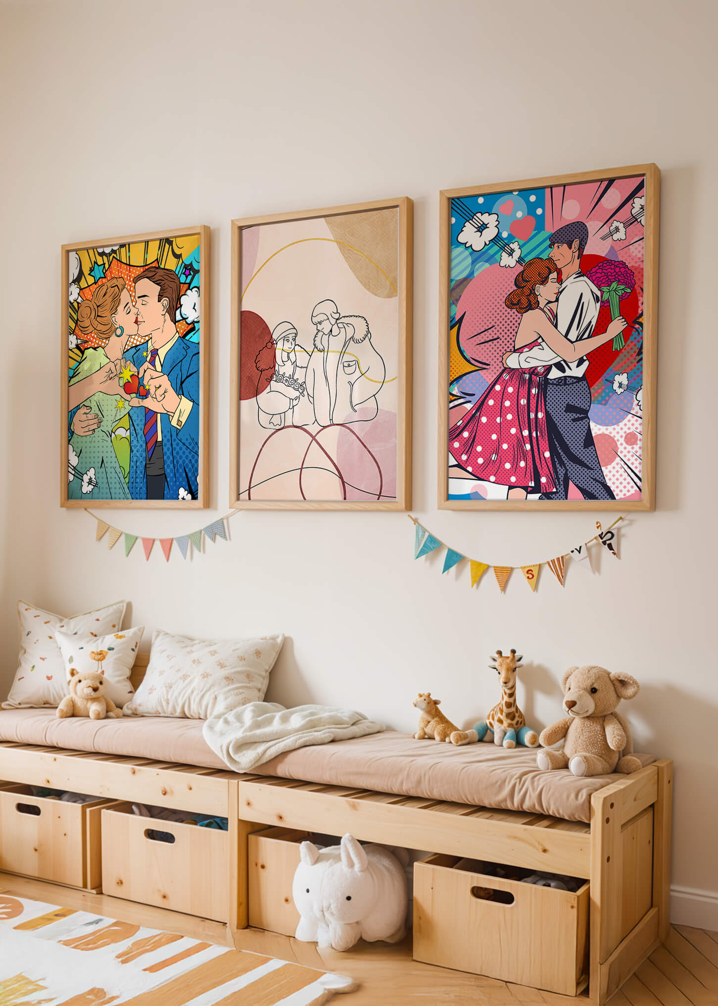 Conjunto De Obras De Arte De Parejas En Estilo Pop Art Y Línea