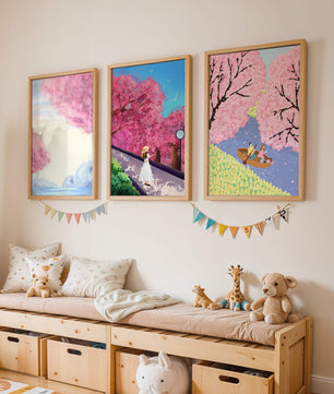 Peintures de fleurs de cerisier encadrées avec de magnifiques paysages