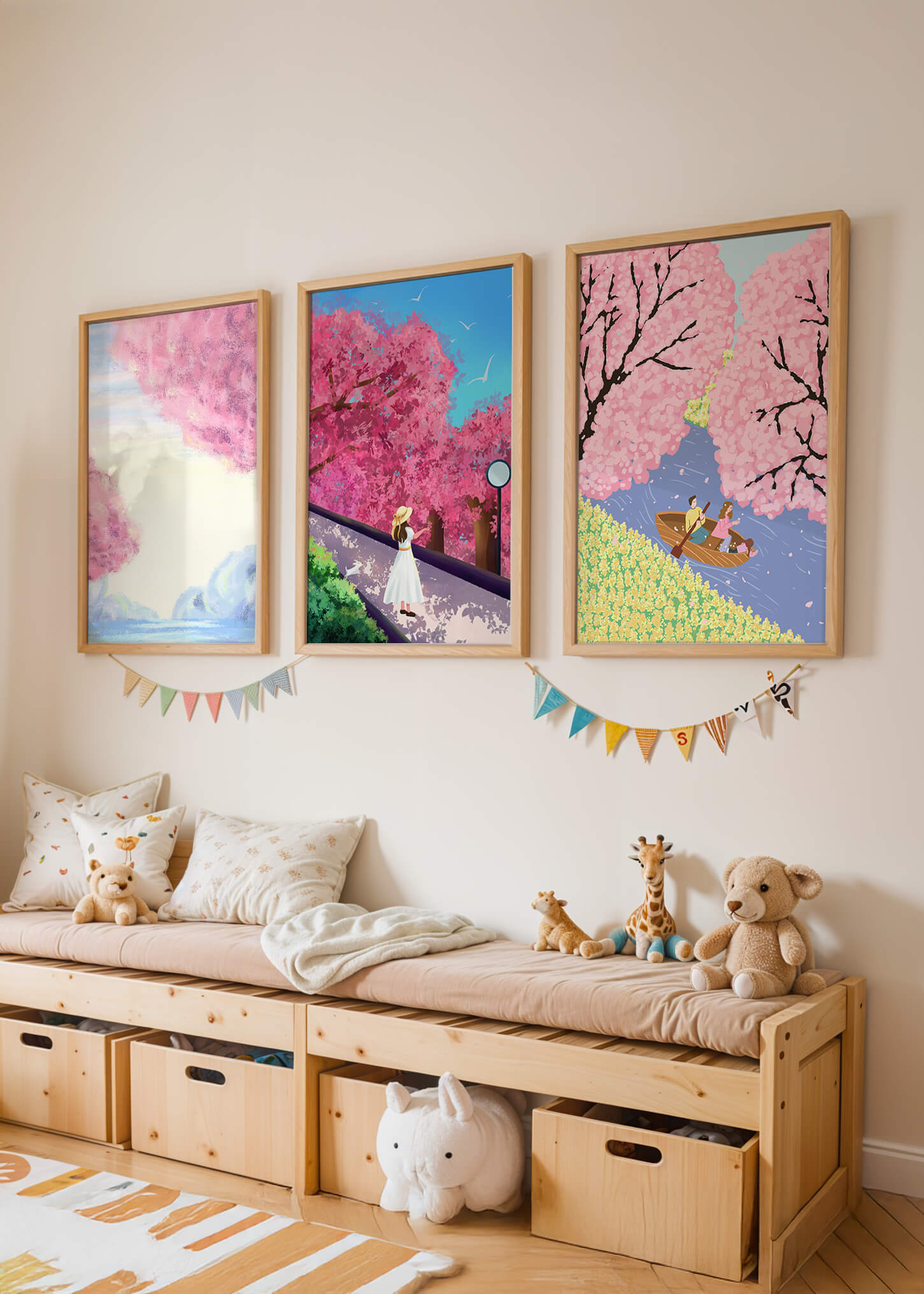 Peintures de fleurs de cerisier encadrées avec de magnifiques paysages