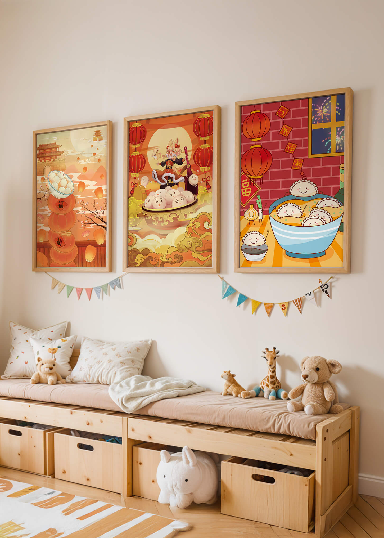 Illustrationen orientalischer Medien mit Festtagsmotiven und Kaninchen