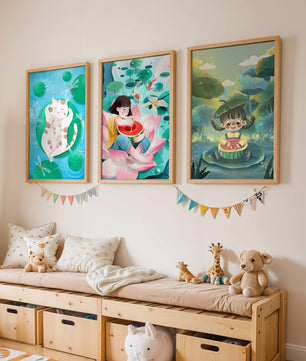 Illustrations colorées avec chat et enfants dans un paysage naturel