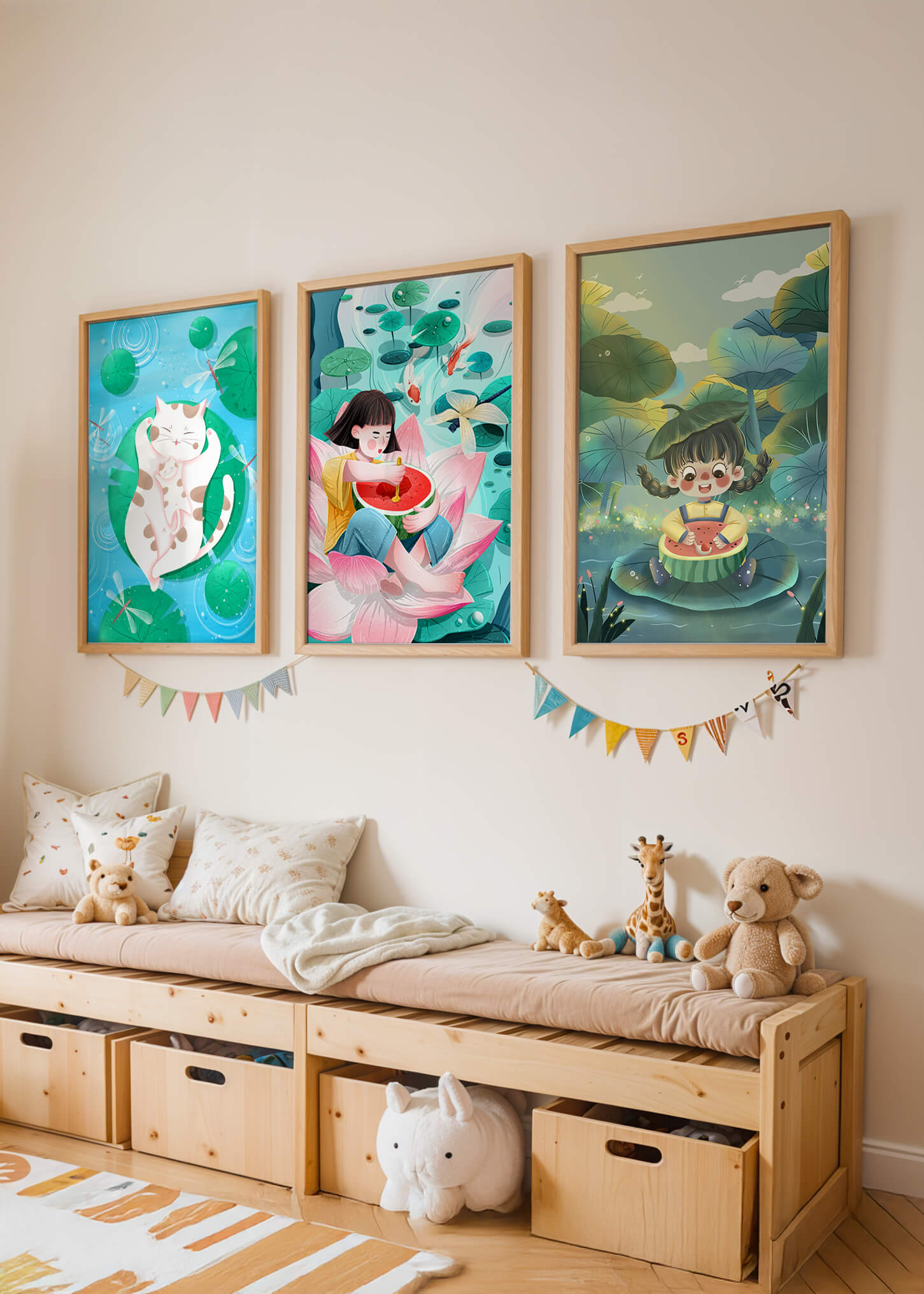 Illustrations colorées avec chat et enfants dans un paysage naturel