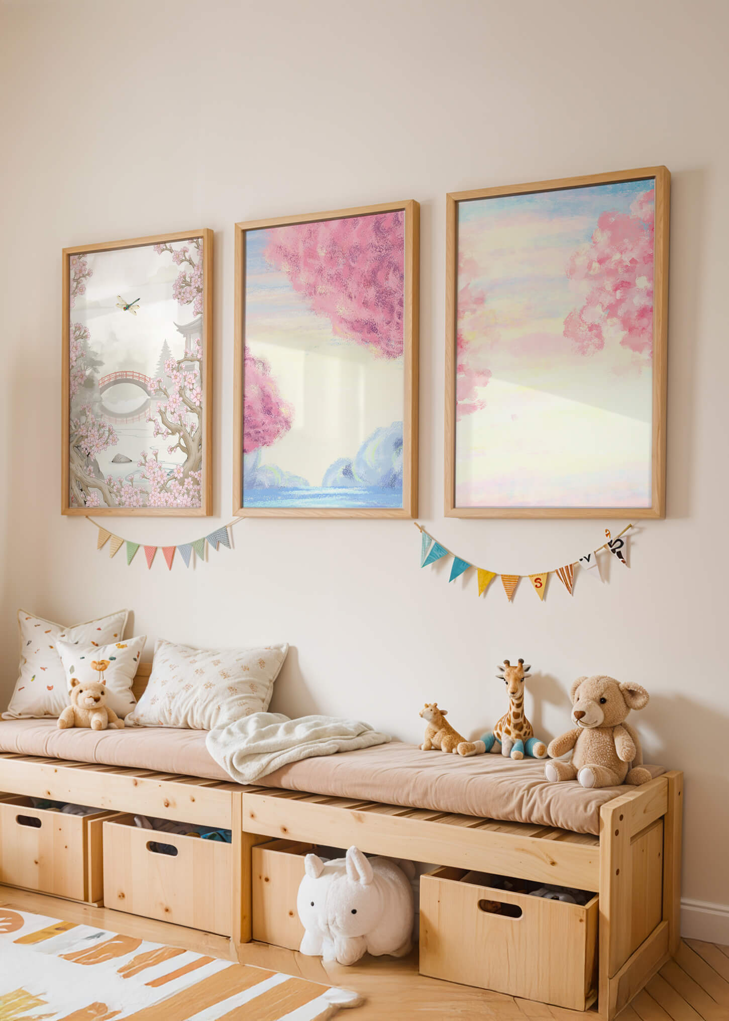 Imágenes Decorativas de Paisajes Florales y Puente de Madera en Primavera