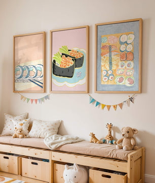 Ensemble de toiles avec illustrations de sushi sur fond pastel