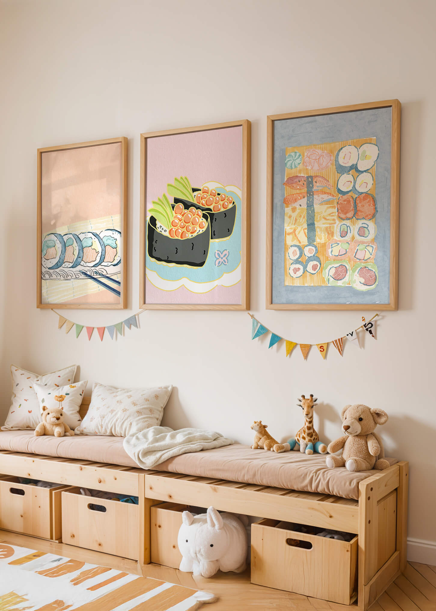 Conjunto de Lienzos con Ilustraciones de Sushi en Fondo Pastel
