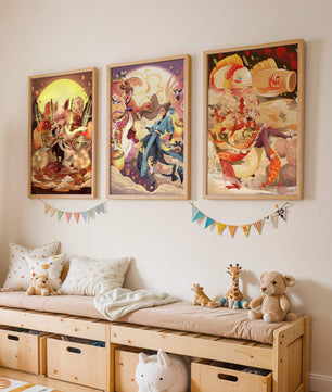 Triptyque d'art fantastique avec des personnages imaginaires