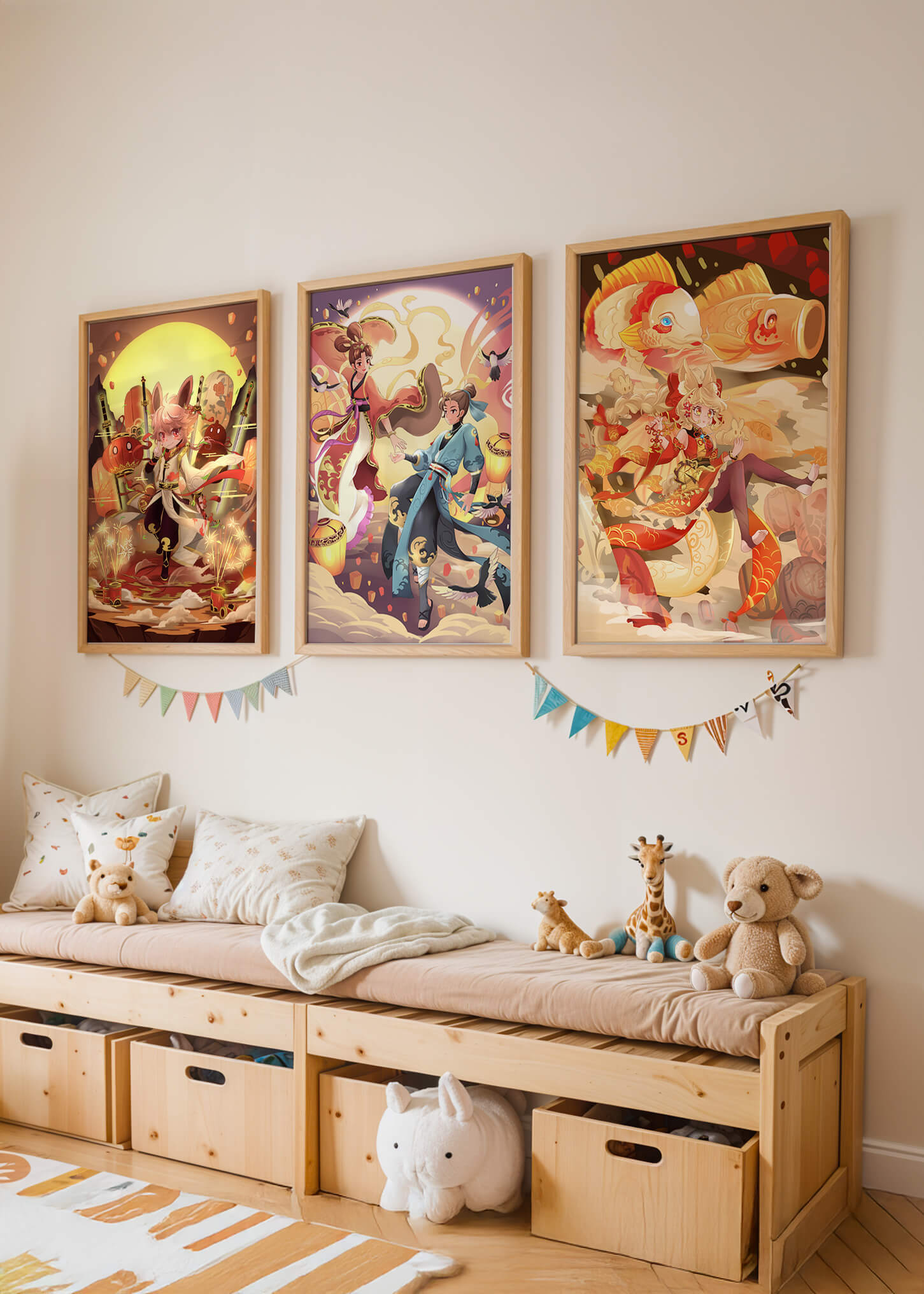 Triptyque d'art fantastique avec personnages imaginaires