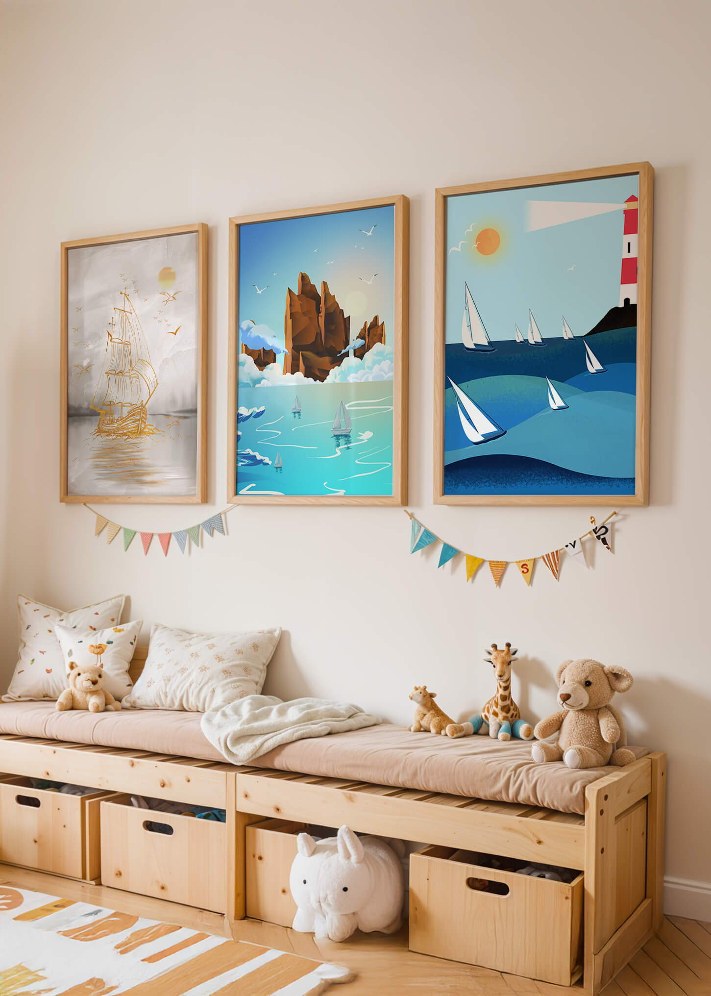 Triptyque de paysages marins avec bateaux et phare
