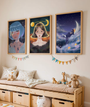 Tríptico De Retratos Ilustrados Con Elementos Astrales
