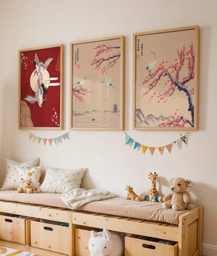Ensemble de trois toiles avec grues et motifs naturels dans un style asiatique