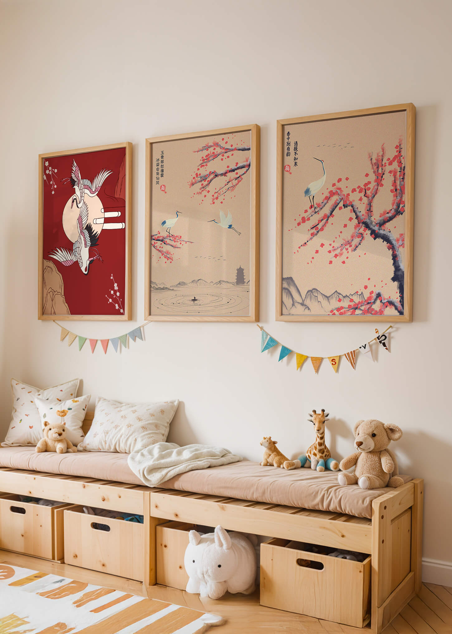 Ensemble de trois toiles avec grues et motifs naturels dans un style asiatique