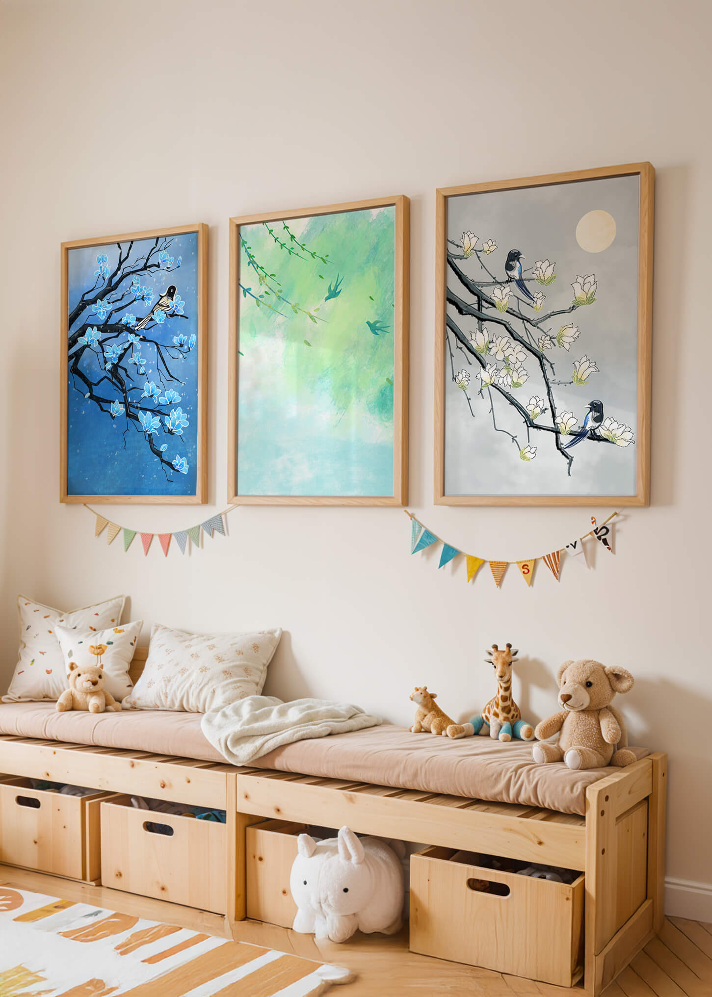 Tríptico Floral con Pájaros en Colores Suaves