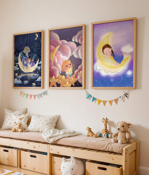 Triptyque d’art pour enfants sur le thème de la lune et des étoiles