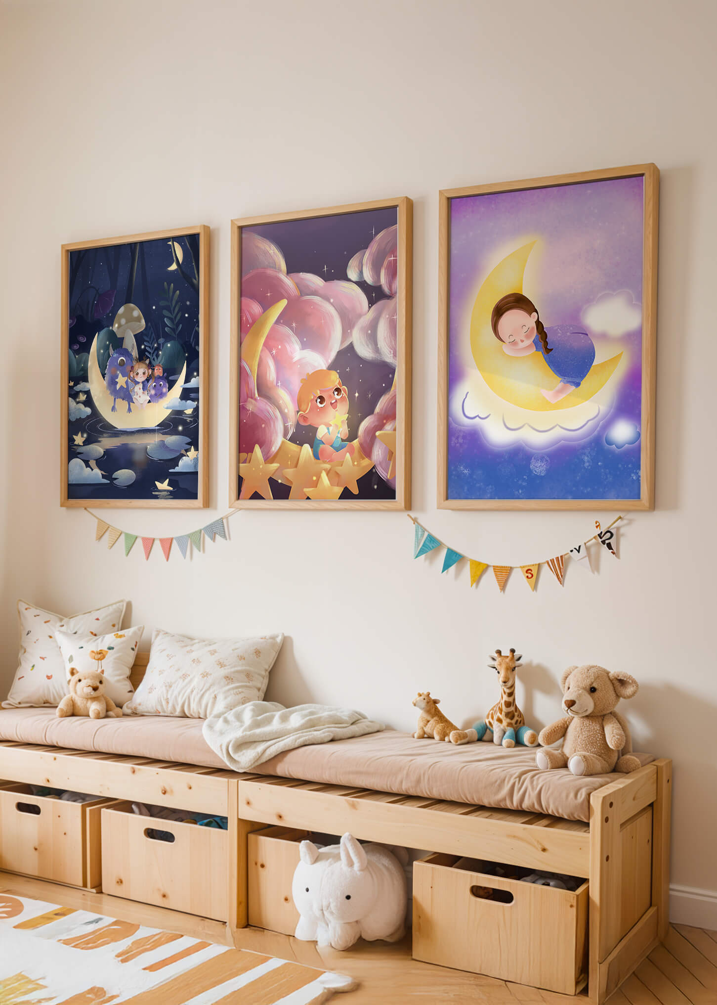 Tríptico de Arte Infantil con Temática de Luna y Estrellas