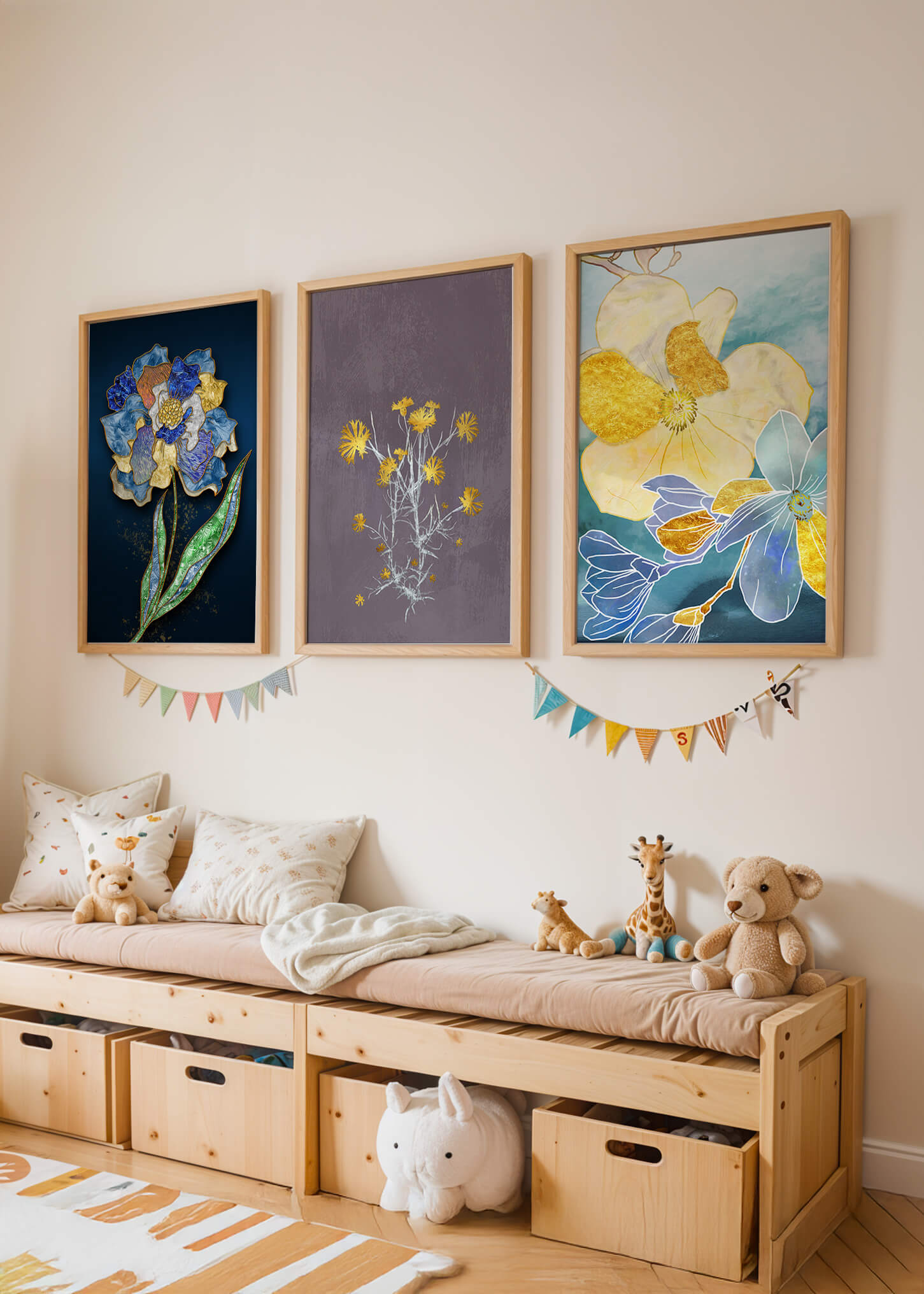 Art floral moderne avec des motifs de fleurs et des éléments dorés