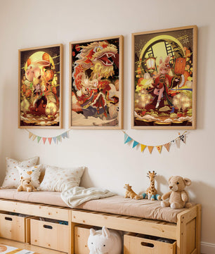 Ensemble d’illustrations sur le thème des dragons et des animaux aux couleurs chaudes