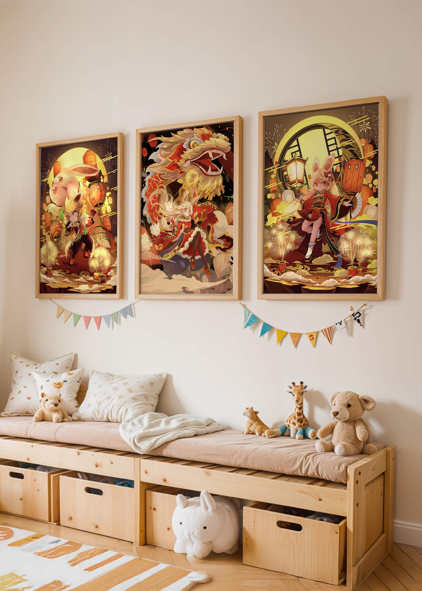 Ensemble d’illustrations sur le thème des dragons et des animaux aux couleurs chaudes