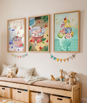 Triptyque coloré d’art culinaire pour enfants sur mur