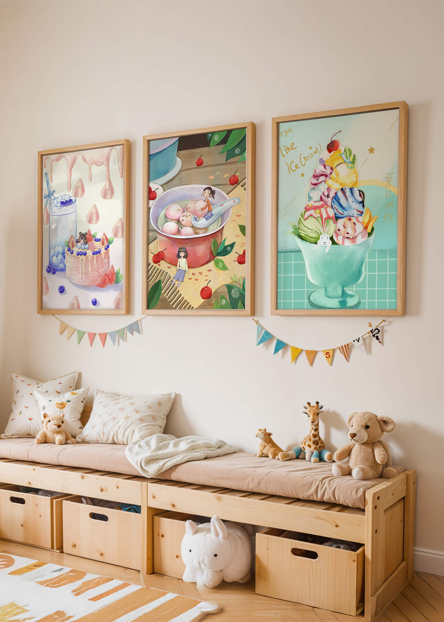 Tríptico Colorido de Arte Culinario Infantil en Pared