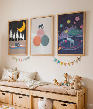 Triptyque d’illustrations avec des motifs d’éléphants et de paysages fantastiques