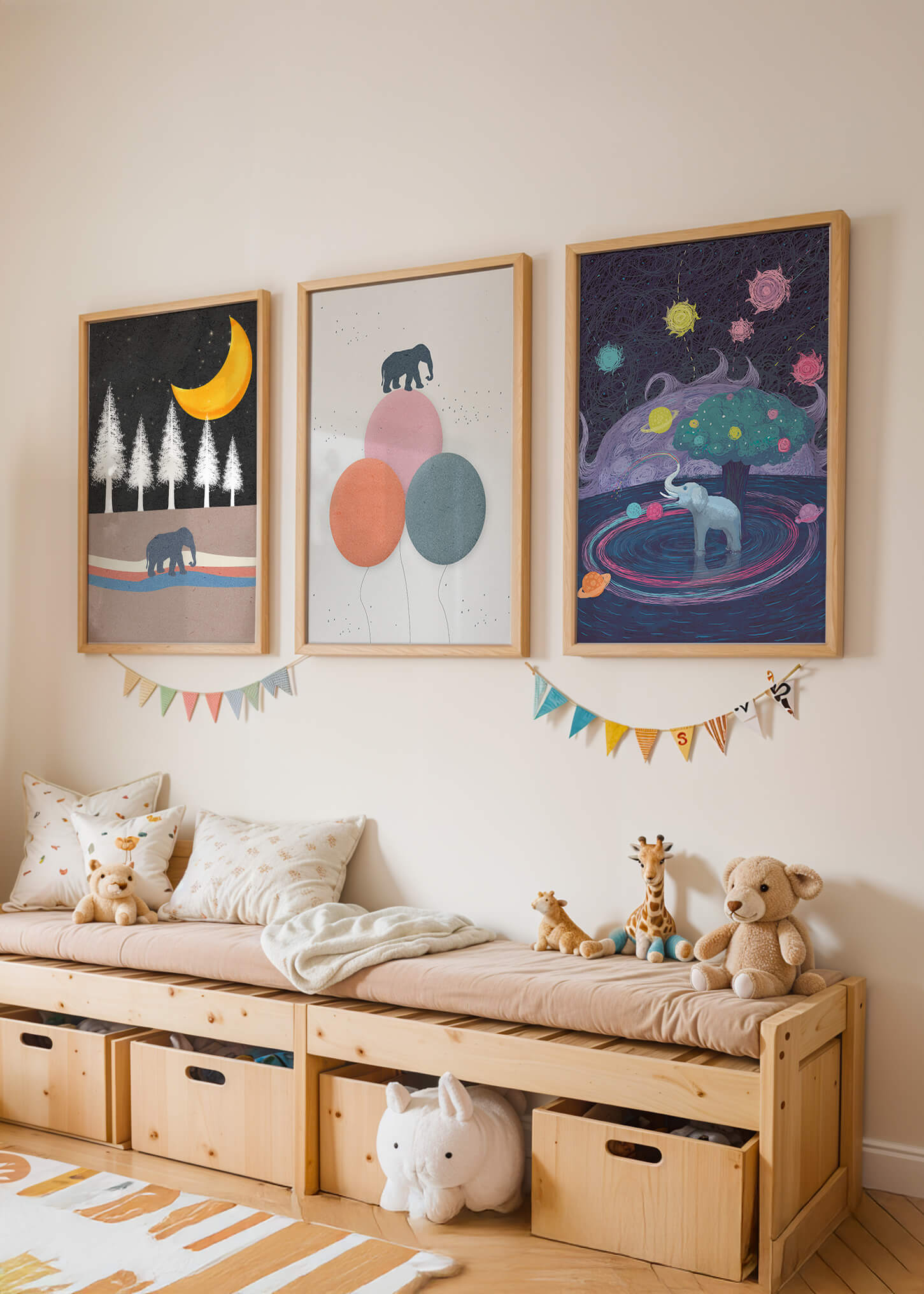 Tríptico de Ilustraciones con Motivos de Elefantes y Paisajes Fantásticos