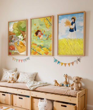 Triptyque d’illustrations d’automne avec des enfants et des paysages