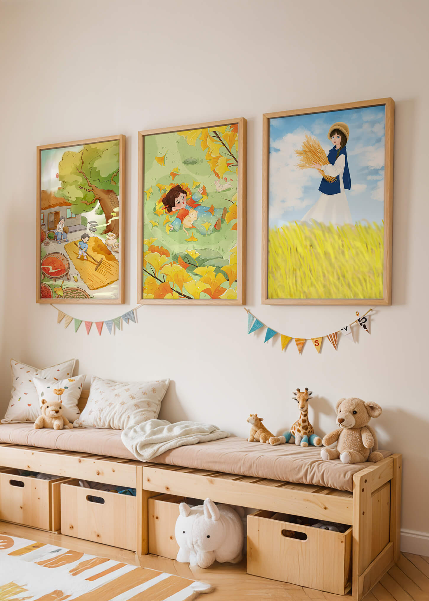 Tríptico de Ilustraciones de Otoño con Niños y Paisajes