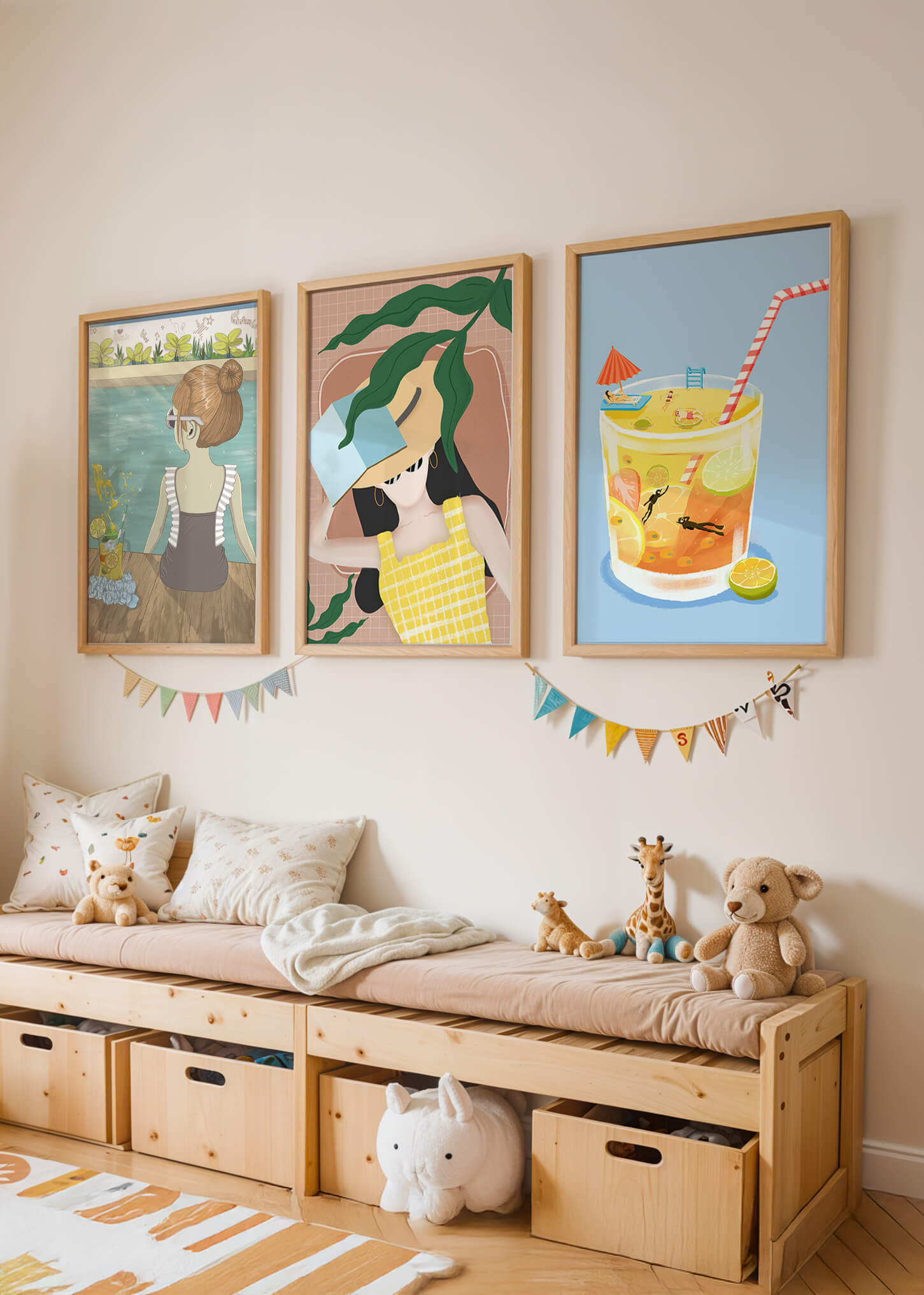 Conjunto De Tres Ilustraciones Modernas Con Temática De Playa En Marcos De Madera